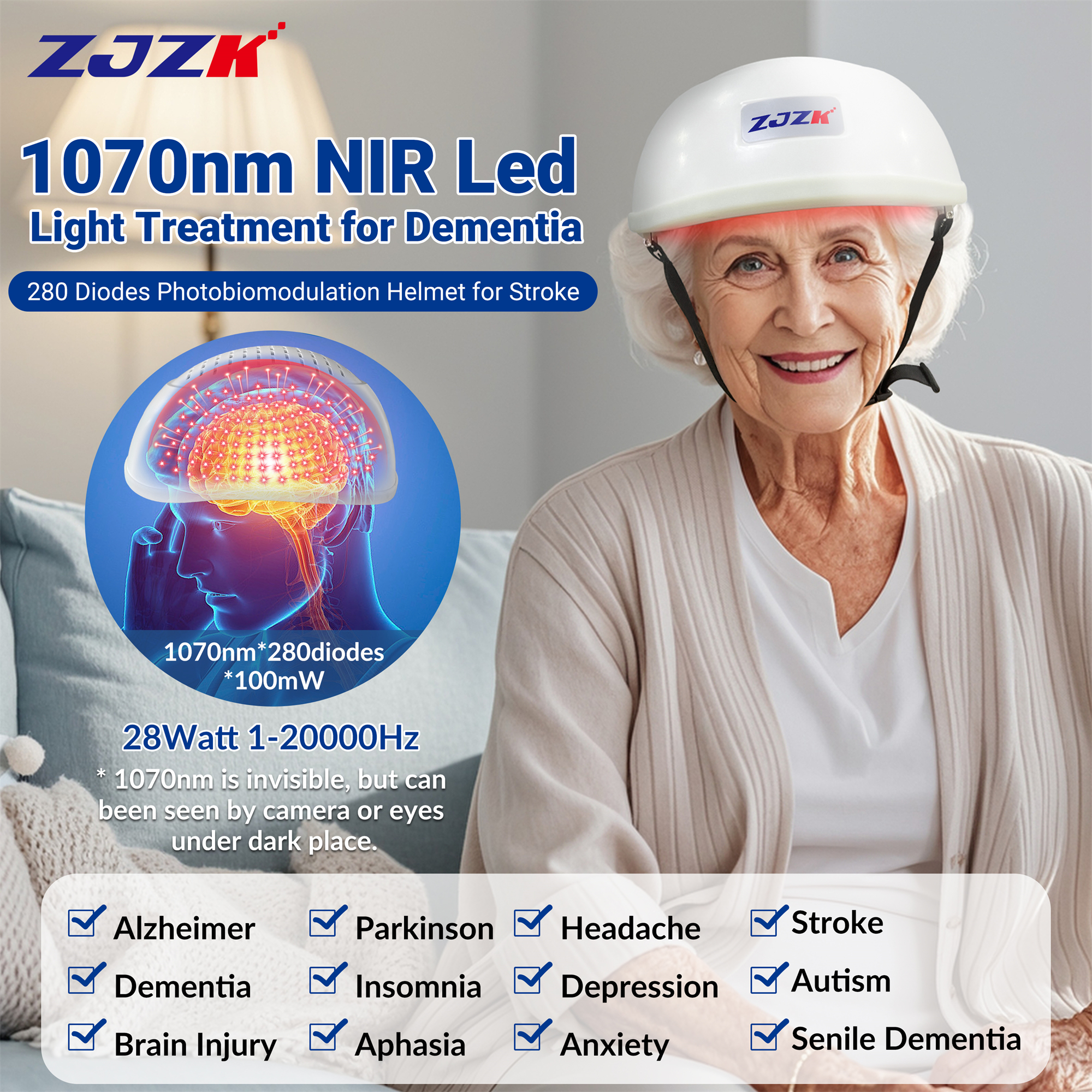 ZJZK Red Light Therapy Helmet for Parkinson's, Infrared 1070nm Brain