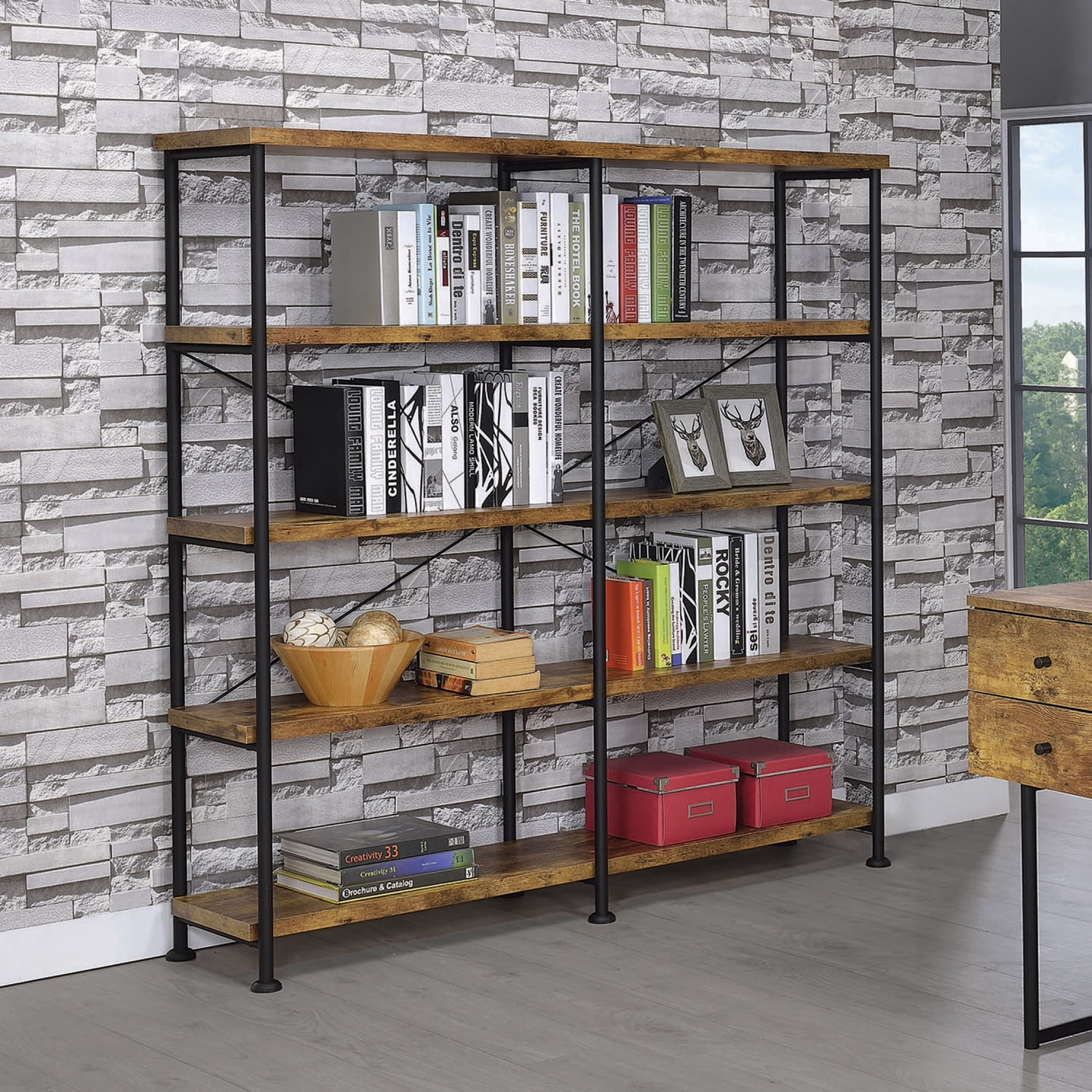 ZJbiubiuHome Antique Nutmeg and Black DoubleWide Bookcase