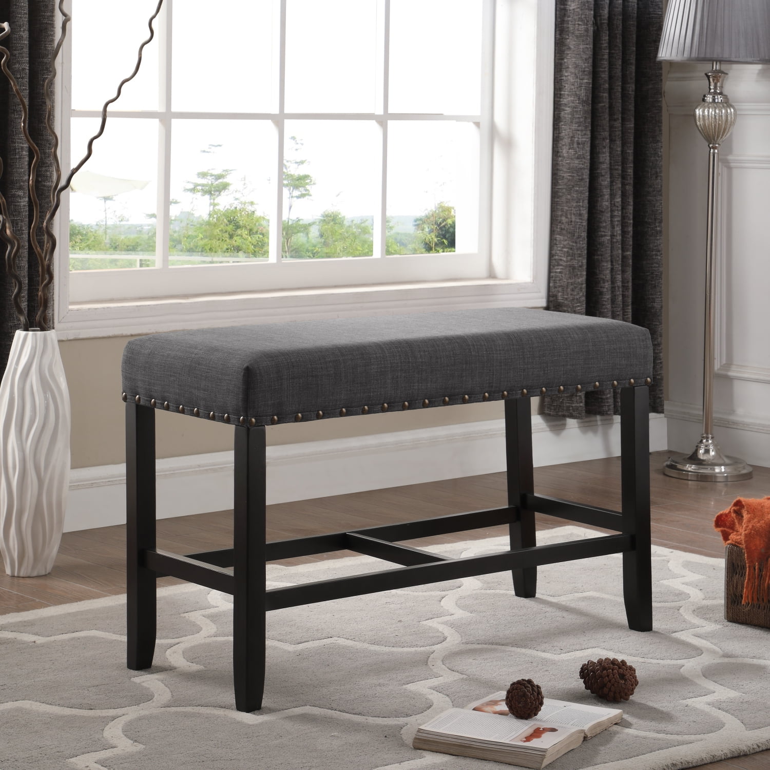 Elegant 41'' Gray Fabric Upholstered Dining Bench with Nailhead Trim