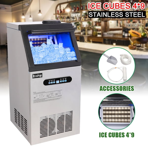 ZK-110 Commercial Ice Maker Machine - 120V 110lbs/24h Stainless Steel with Transparent Lid, 4x9 Aluminum Tray for Restaurants, Bars, Hotels (Silver)