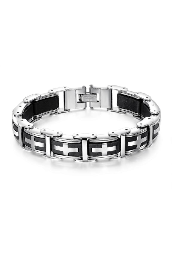 ZK-Checkered Pattern Cross Stainless Steel Black Silver One Piece Bracelet