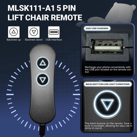 ZKAD-5- Remote controls for massage chairs, 2 Button 5 Pin Lift Chair Remote Fit for Pride Standard & Early Version Vivalift 2 Lift Chair, Flexsteel Recliners & Ashley Furniture, CTL1707190