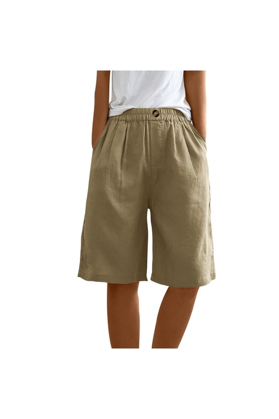 Bermuda Shorts for Women Half Shorts Pants Summer Elastic Waist Buttons Casual Linen Pockets Pants S-3XL