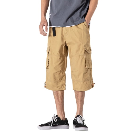 ZKCCNUK Cargo Pants for Men's Plus Size Cotton Multi-pocket Wear-resistant Overalls Cropped Trousers Khaki M on Clearance