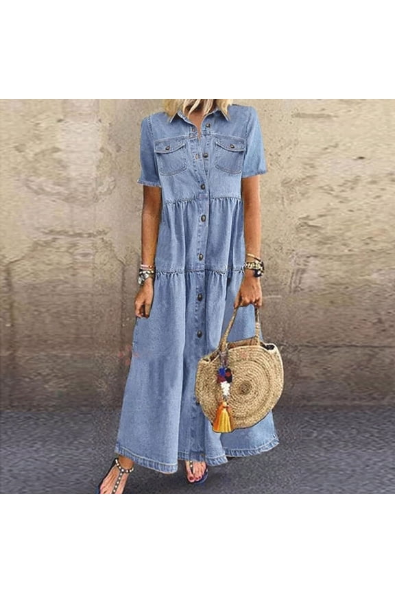 ZKCCNUK Fashi Women Butt Loose Solid V-neck Lmitati Denim Short Sleeve Long Dress Wedding Guest Dresses for Beach Party