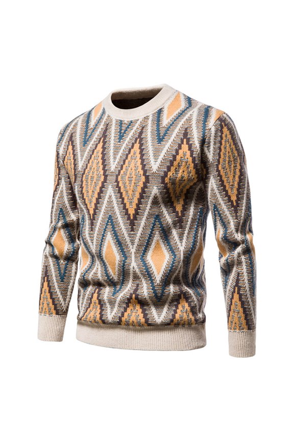 ZKCCNUK Men Casual Rhomboid Pattern Pullover Round Neck Lg Sleeve Sweater Tops