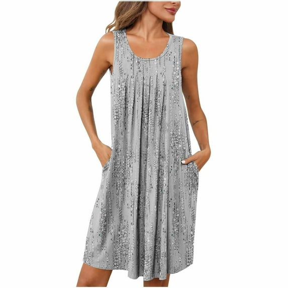 ZKCCNUK Nightgowns for Women Women Print with Pockets Sleep Shirts Sleeveless Sleepwear Pleated Front Nightshirt Round Neck Nightdress S-2XL