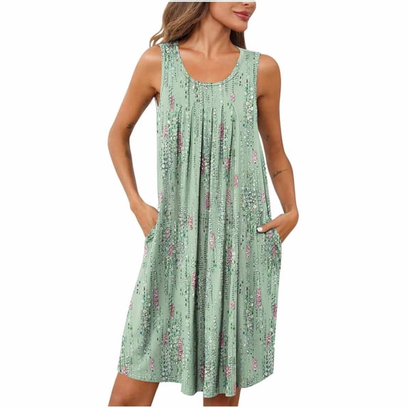 ZKCCNUK Nightgowns for Women Women Print with Pockets Sleep Shirts Sleeveless Sleepwear Pleated Front Nightshirt Round Neck Nightdress S-2XL