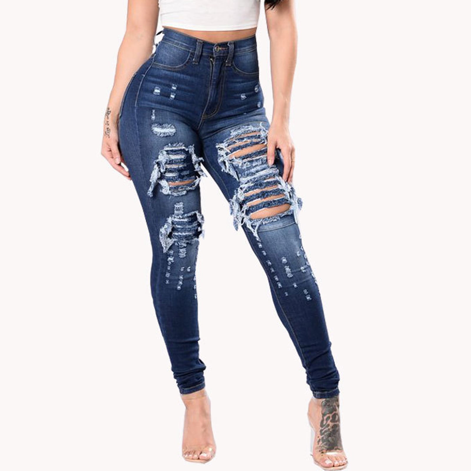 ZKCCNUK Plus Mom Jeans Women's Fashion Sexy High Waist Torns Solid Color Skinny Jeans Long Pants Summer Beach Casual on Clearance Walmart.com