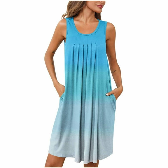 ZKCCNUK Plus Size Nightgowns for Women Women Print with Pockets Sleep Shirts Sleeveless Sleepwear Pleated Front Nightshirt Round Neck Nightdress S-2XL
