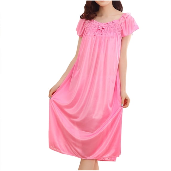 ZKCCNUK Plus Size Nightgowns for Women Women Easy Solid Color Bow Fold Short Sleeve Ice Silk Long Sleepshirts Free Size