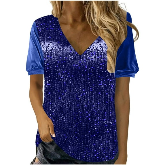 ZKCCNUK Plus Size Tops for Women New Solid Color Sequined Velvet Patchwork V-neck Short Sleeved T-shirt