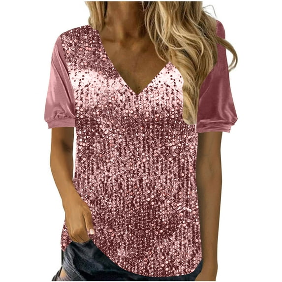 ZKCCNUK Women's Tops New Solid Color Sequined Velvet Patchwork V-neck Short Sleeved T-shirt