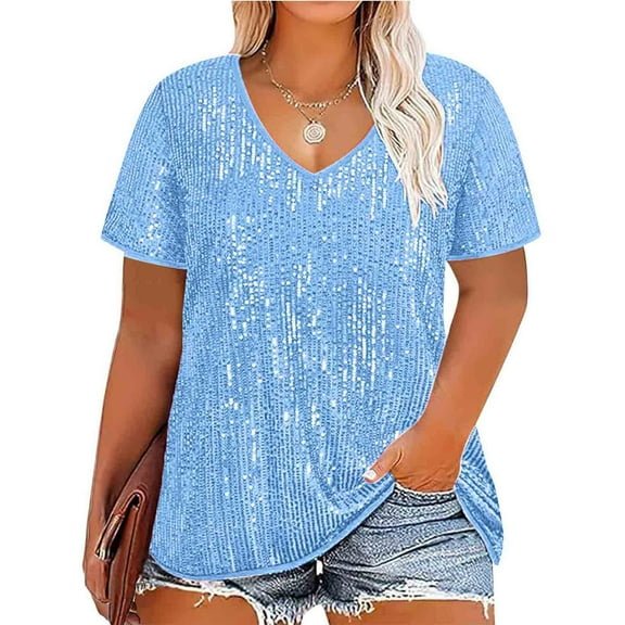 ZKCCNUK Plus Size Tops for Women Plus-Size Short Sleeve Sequins Polluer Solid V-Neck Blouse Shirt Tops