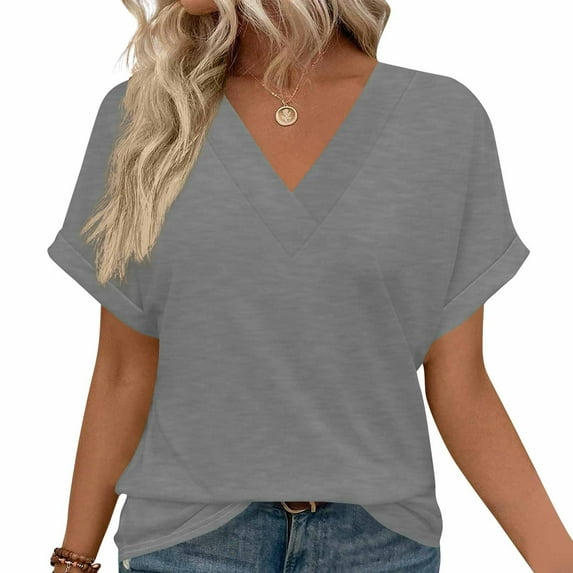 ZKCCNUK Plus Size Tops for Women Short Sleeve V Neck Tops with Side Shirring Loose Fit Shirts