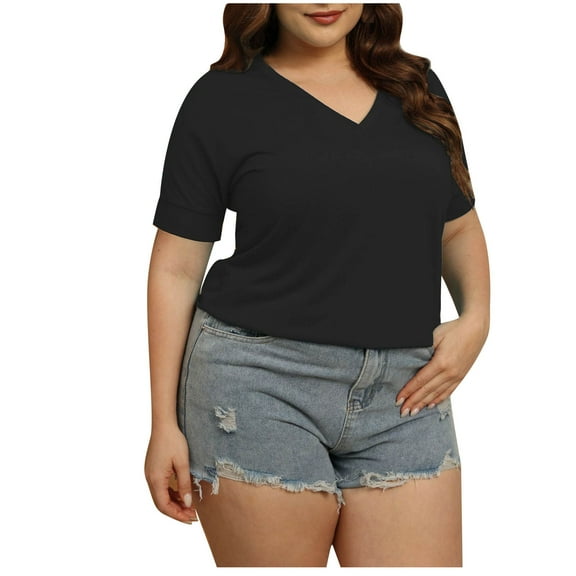 ZKCCNUK Plus Size Tops for Women Spring/Summer Solid Color Crew Neck-Point Sleeve Casual Shirt Top