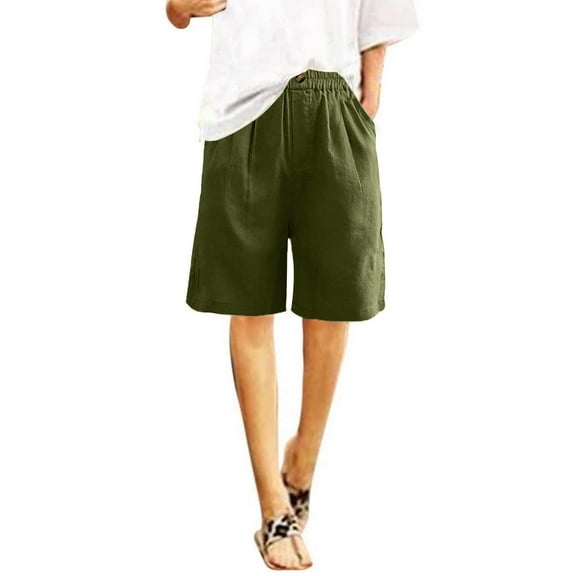ZKCCNUK Shorts for Women Half Shorts Pants Summer Elastic Waist Buttons Casual Linen Pockets Pants S-3XL