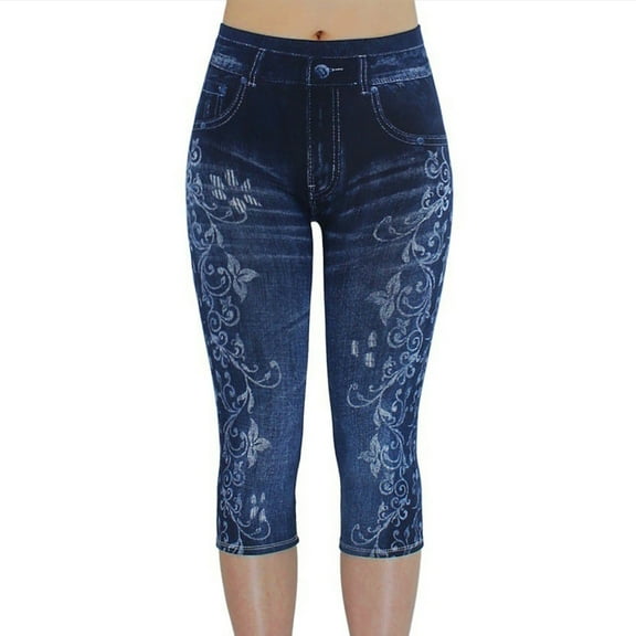 ZKCCNUK Summer Plus Size Womens Plus Size Capris Women's Imitation Denim Printed Leggings Capris High Waisted Elastic Pencil Capris Trousers for Women