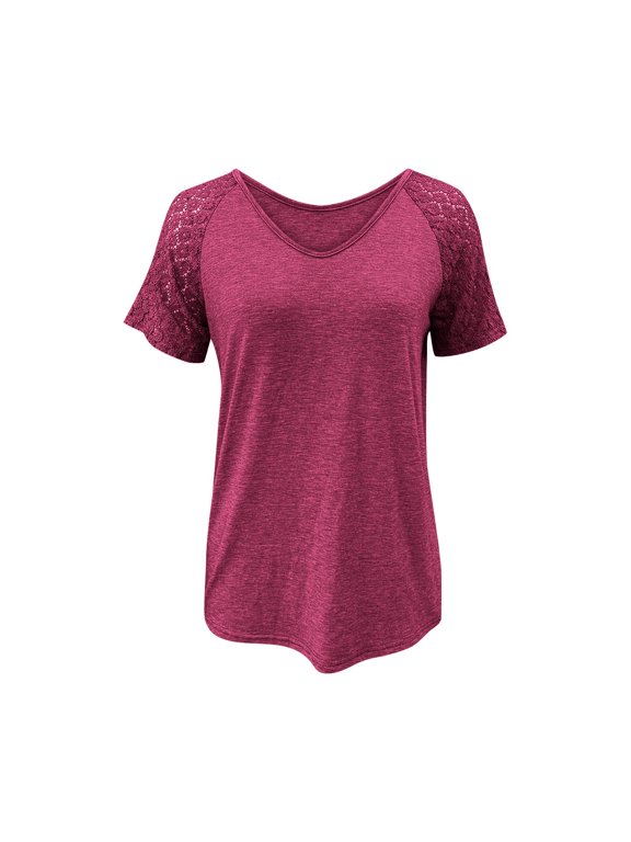 Summer Tops for Women Patchwork Mesh Short Sleeved Top Solid Color Casual Loose T-shirt