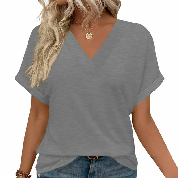 ZKCCNUK Summer Tops for Women Short Sleeve V Neck Tops with Side Shirring Loose Fit Shirts