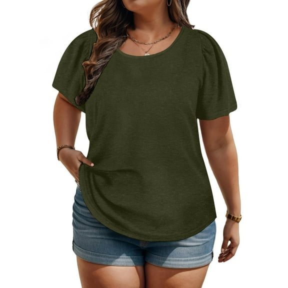 ZKCCNUK Summer Tops for Women Summer Solid Color Plus Size Tops Puff Short Sleeve Round Neck Loose Fashion Short Sleeve Round Neck Top