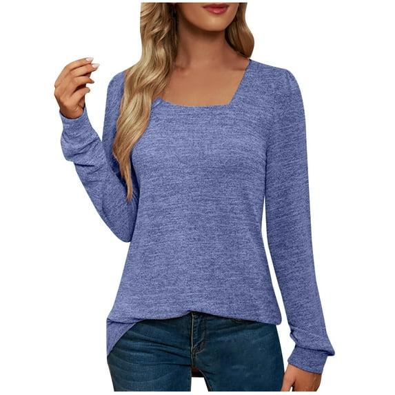 ZKCCNUK Tops for Women Trendy Round-Neck Long Sleeve Casual T-shirt Solid Blouse,Sizes S-2XL