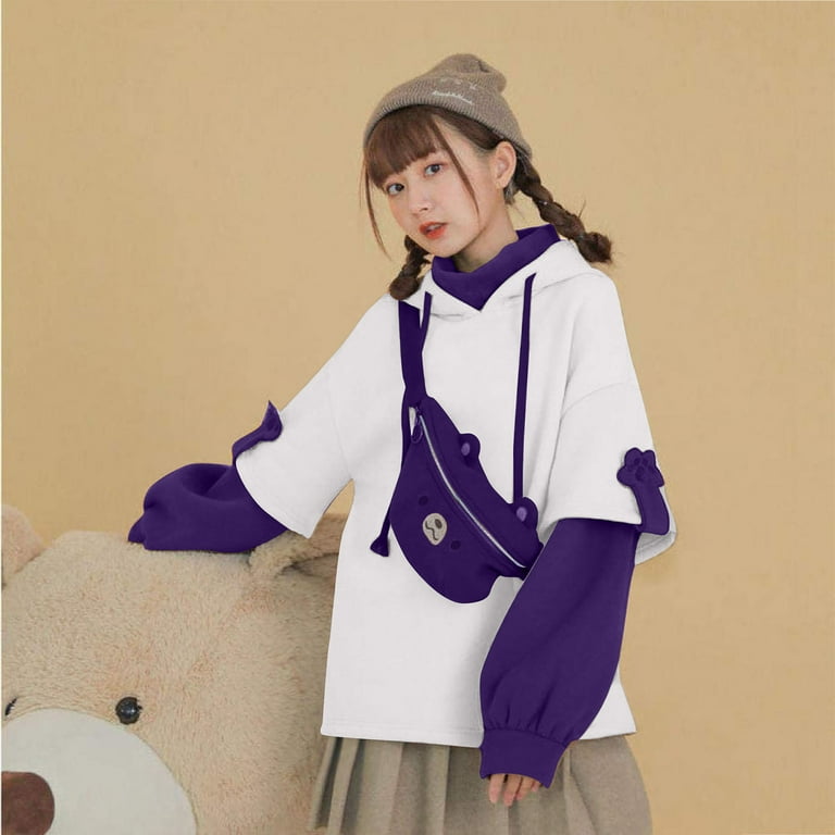 ZKCCNUK Winter Hoodies Sweatshirt for Women s Bear Hoodie Fake Two Piece Fleece Hooded with Detachable Bear Bag on Clearance