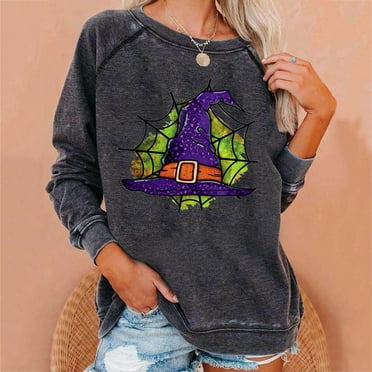 ZKCCNUK Women Casual Full Sleeve Round Neck Tops Loose Shirts Blouse Halloween Print Graphic Sweatshirt on Clearance