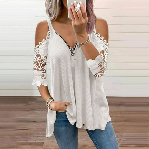 ZKCCNUK Women Casual Lace Half Sleeve锛?Neck Zipper Hollow Out T-Shirt Blouse Tops Summer Plus Size Tops 2026