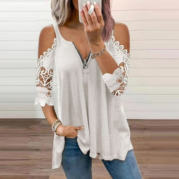 ZKCCNUK Women Casual Lace Half Sleeve Neck Zipper Hollow Out T-Shirt Blouse Tops Summer Plus Size Tops 2025 on