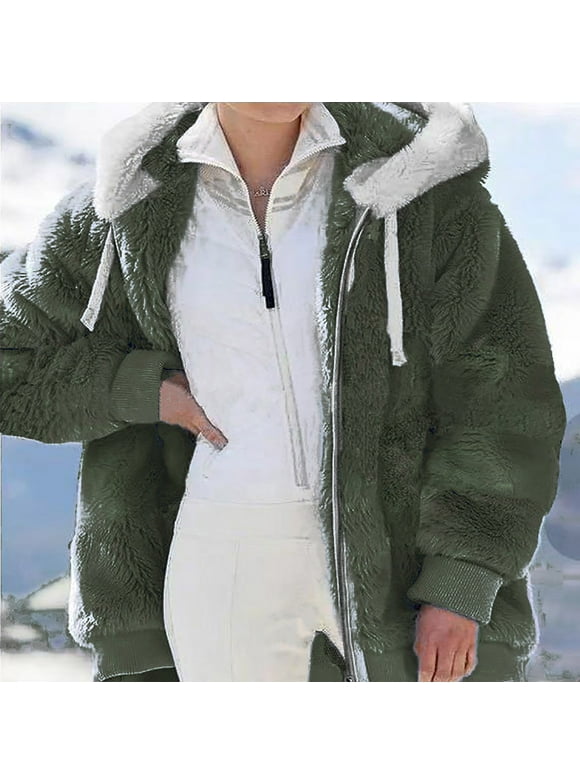 ZKCCNUK Women Plus Size Winter Warm Snow Coat Loose Plush Zip Hooded Ski Jacket Coats S-5XL
