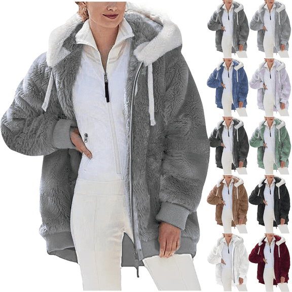 Bmawag Women Plus Size Winter Warm Snow Coat Casual Loose Plush Zip Hooded Ski Jacket Coats S-5XL
