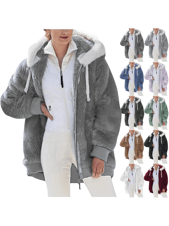 Women Plus Size Winter Warm Snow Coat Casual Loose Plush Zip Hooded Indoor Outdoor Walking Ski Jacket Coats S-5XL