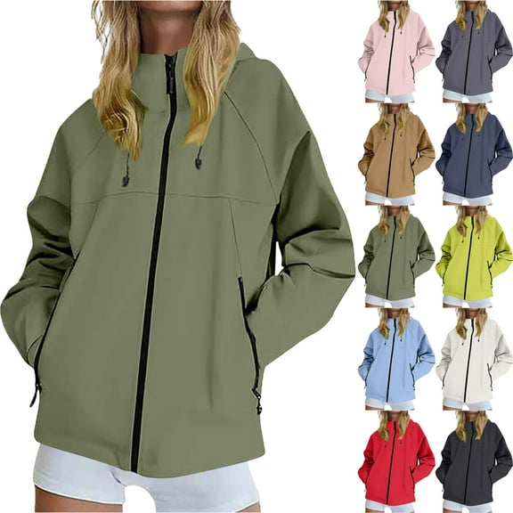 Waterproof Hooded Jackets for Women Casual Solid Color Winter Autumn Outdoor Windbreaker Jacket with Zipper Pockets Loose Fit Sports Coat Hiking Travel Plus Size Available
