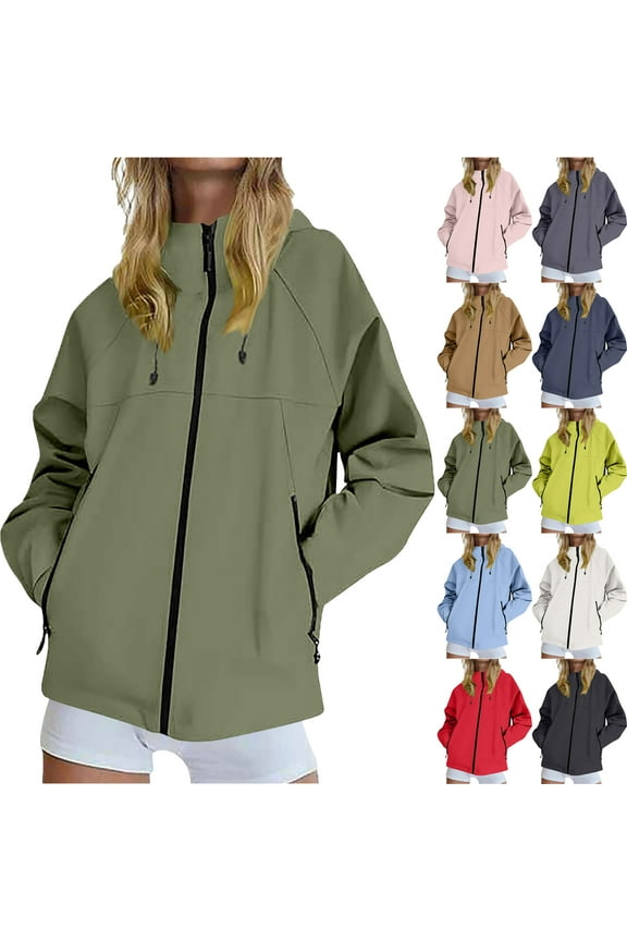 Waterproof Hooded Jackets for Women Casual Solid Color Winter Autumn Outdoor Windbreaker Jacket with Zipper Pockets Loose Fit Sports Coat Hiking Travel Plus Size Available