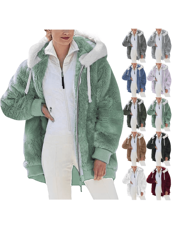 Women Plus Size Winter Warm Snow Coat Casual Loose Plush Zip Hooded Indoor Outdoor Walking Ski Jacket Coats S-5XL