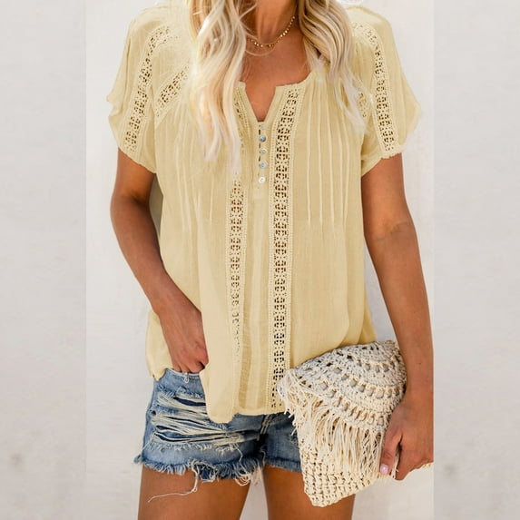 ZKCCNUK Women Solid V-Neck Lace Crochet Eyelet Short Sleeve Casual Shirts Blouses Tops Summer Plus Size Tops 2026