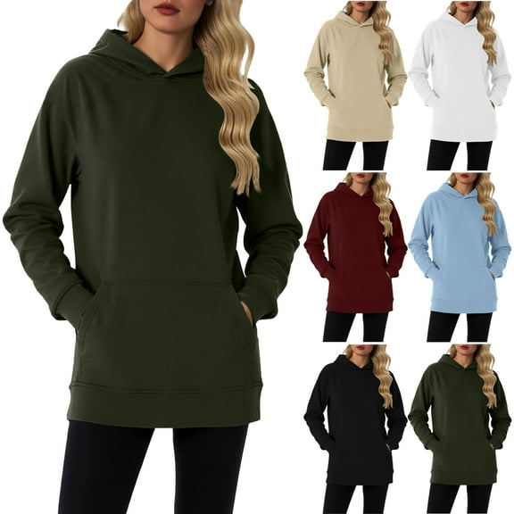 Hoodies for Women Oversized Casual Sweatshirts Pullover Long Sleeve Women's Hoodies Solid Color Cotton Lined Tunic Tops with Front Pockets Plus Size Available S-XXL