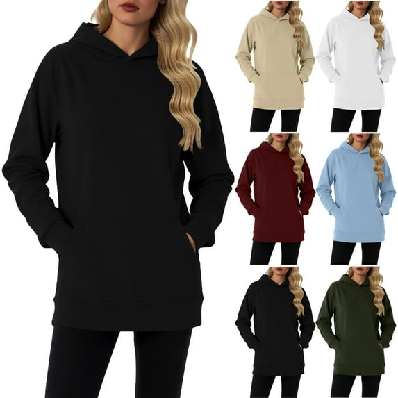 Hoodies for Women Oversized Casual Sweatshirts Pullover Long Sleeve Women's Hoodies Solid Color Cotton Lined Tunic Tops with Front Pockets Plus Size Available S-XXL