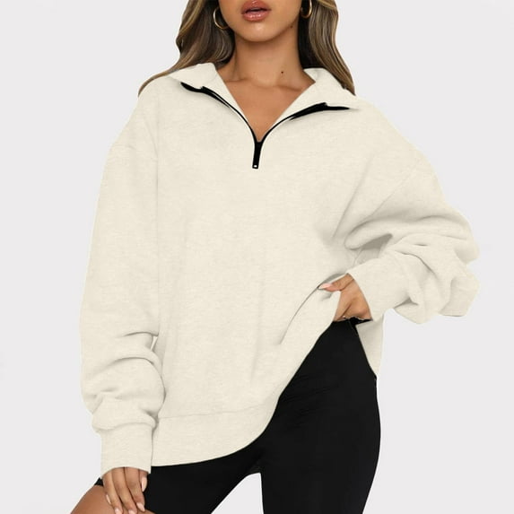 ZKCCNUK Women's Long Sleeve Lapel Half Zip Up Sweatshirt Solid Stylish Loose Fit Casual Pullover Tops