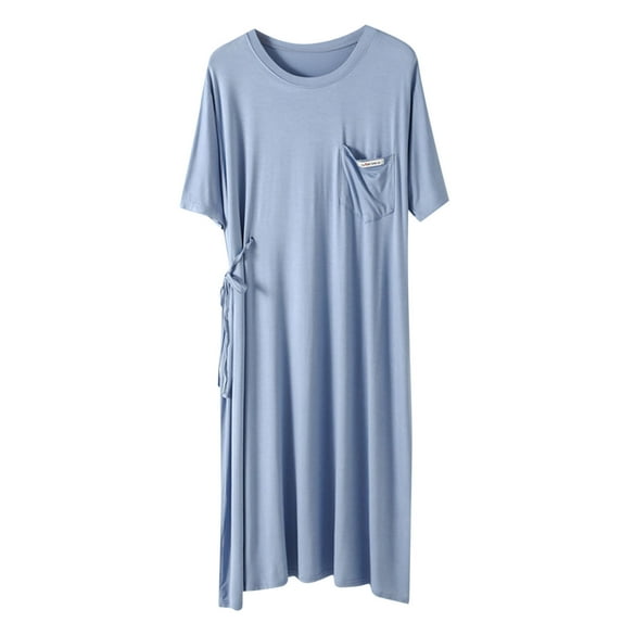 ZKCCNUK Women's Nightgowns & Sleepshirts Casual and Fashionable Solid Color Large Round Neck with Pockets Short Sleeved Pajamas Free Size