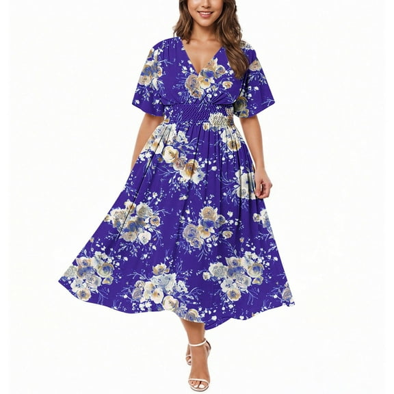 ZKCCNUK Women's Plus Size V-Neck Split Hem Floral Print Full-Length Loose Party Dress