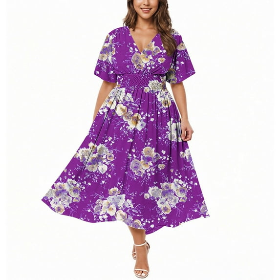 ZKCCNUK Women's Plus Size V-Neck Split Hem Floral Print Full-Length Loose Party Dress