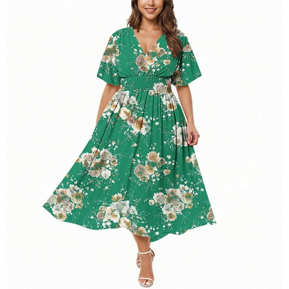 ZKCCNUK Women's Plus Size V-Neck Split Hem Floral Print Full-Length Loose Party Dress