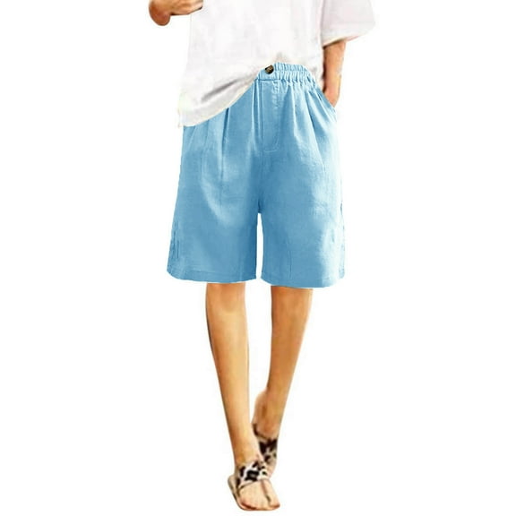ZKCCNUK Women's Shorts Half Shorts Pants Summer Elastic Waist Buttons Casual Linen Pockets Pants S-3XL