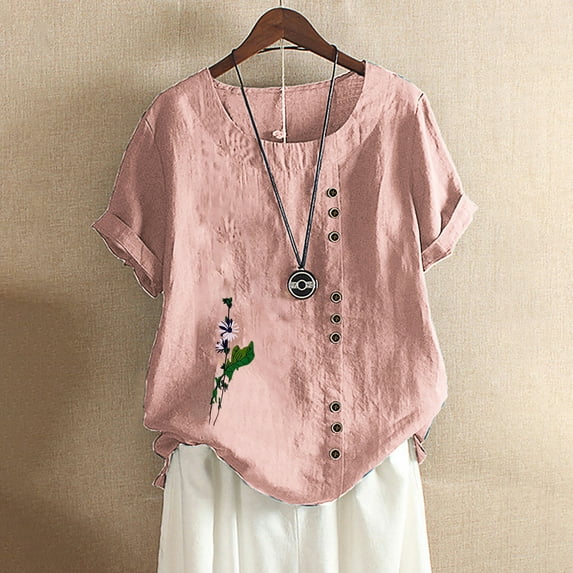ZKCCNUK Women's Summer Casual Round Neck Short Sleeve Flower Printing Loose Shirt Tops Summer Plus Size Tops 2025