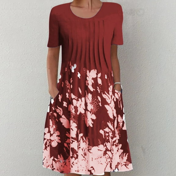 ZKCCNUK Women's Summer Casual Round Neck Short Sleeve Folding Floral Printed Dresses Wedding Guest Dresses for Beach Party