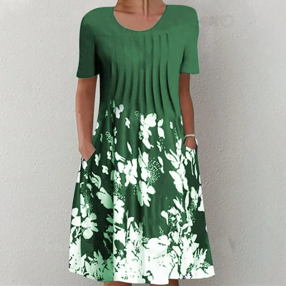 ZKCCNUK Women's Summer Casual Round Neck Short Sleeve Folding Floral Printed Dresses Wedding Guest Dresses for Beach Party