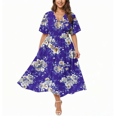 ZKCCNUK Women's Summer Plus Size V-Neck Short Sleeve Split Hem Floral Elegant Classy Butterfly Print Full-Length Loose Party Maxi Dresses