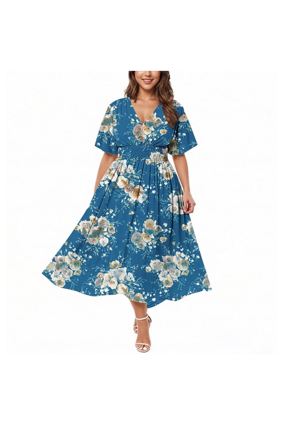 Women's Summer Plus Size V-Neck Short Sleeve Split Hem Floral Elegant Classy Butterfly Print Full-Length Loose Party Maxi Dresses
